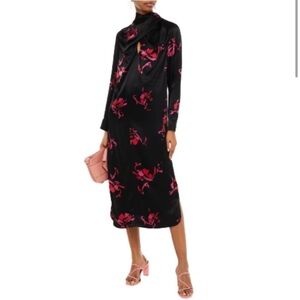 GANNI Draped Heavy Satin Black Floral Dress